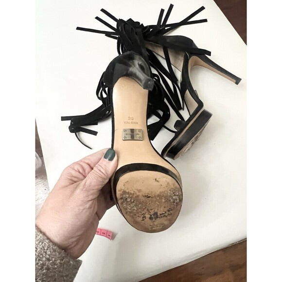 Michael Kors Collection 8.5 DAPHNE Black Fringe Open Toe Heels Sandals $495 - Picture 9 of 12
